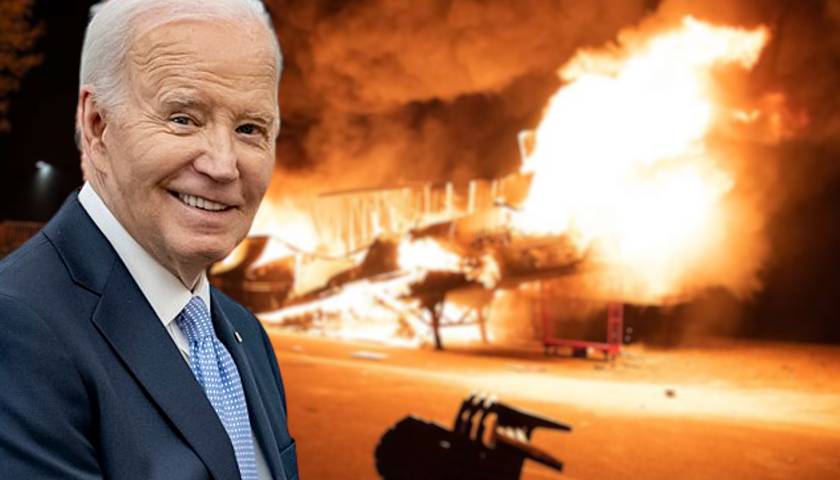 Joe Biden in front of a burning building (composite image)