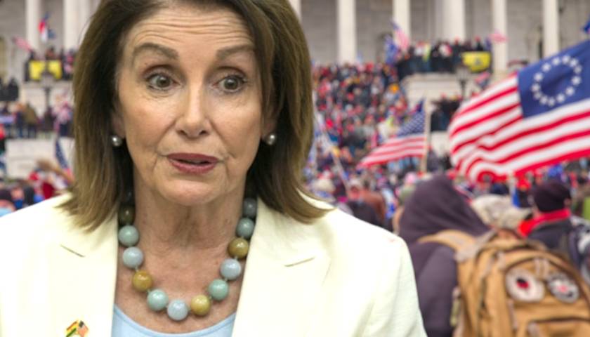 Nancy Pelosi in front of January 6 protesters (composite image)