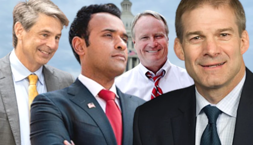 Vivek Ramaswamy, Jim Jordan, Matt Dolan, and David Joyce in front of the US Capitol building (composite image)