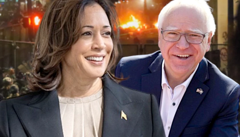 Kamala Harris and Tim Walz in front of a BLM riot (composite image)